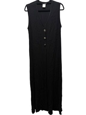 Sleeveless Black V-Neck Button-Front Maxi Dress